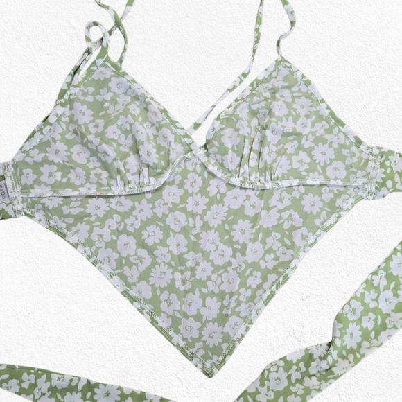 Floral Green White Handkerchief Hem V Neck Halter Tie Back Tank Top Size Medium - Picture 4 of 8